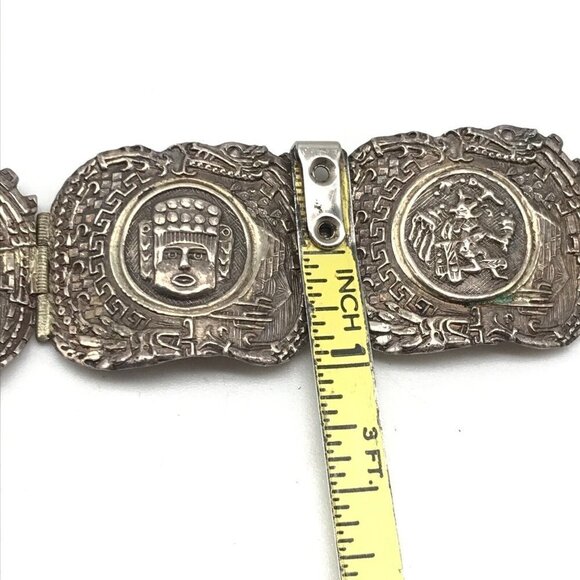 Vintage EME MEXICO 925 Sterling Silver Mayan Face Panel Link Bracelet 7" - Picture 10 of 12